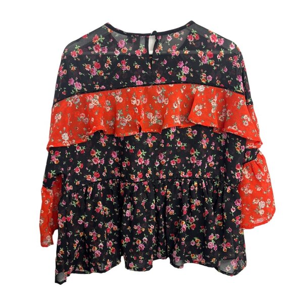 ASOS Floral Ruffle Sheer Boho Peasant Blouse Black Orange Size 8 - Picture 2 of 9